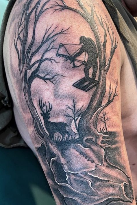 Top Tattoo Ideas for Hunters and Fishermen Father And Son Hunting Tattoo, Mens Hunting Tattoos, Bow Hunter Tattoo, Wilderness Tattoos For Men, Farming Tattoos For Guys, Bowhunting Tattoos, Hunting Sleeve Tattoo For Men, Hunting Dog Tattoo, Wild Life Tattoos