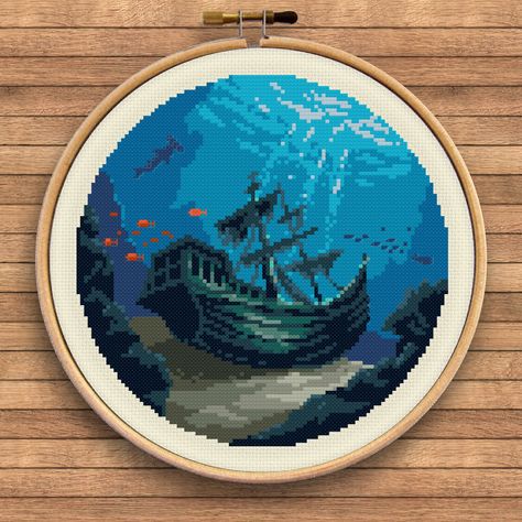 "A  modern, counted cross stitch pattern from my Underwater series! Decorate your home with this mysterious underwater pattern or stitch it as a gift for a friend who loves the ocean. You can download PDF pattern immediately after purchase and get started stitching this awesome item today! :) PDF includes: -color photo for reference -three charts: 1.bricks and symbols, 2.black and white symbols, 3.color bricks -list of DMC thread colors -quick cross-stitch tips About pattern: -100 stitches wide x 100 stitches tall -7.14\" x 7.14\" (18.14 cm x 18.14 cm) on 14 count Aida -floss: DMC (or any other you like), 19 colors -fabric: 14 count Aida cloth (or any other you like) -type of stitch: cross stitch Please note this is a digital pattern only! No fabric, floss, or other materials are included Ocean Cross Stitch Patterns, Cool Cross Stitch, Duck Cross Stitch, Ocean Cross Stitch, Beach Cross Stitch, Underwater Pattern, Underwater Shipwreck, Funny Cross Stitch Patterns, Pixel Art Templates