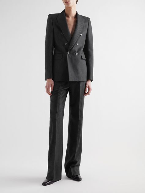 The foundation of SAINT LAURENT's tailoring lies in its impeccable craftsmanship and attention to detail. This double-breasted jacket is cut from wool and cotton-blend flannel with monochrome pinstripes, the pattern only adds to the '70s look of the peak lapels and structured shoulders. Double Jacket Outfit, 70s Suit Mens, Double Breasted Pinstripe Suit, Saint Laurent Menswear, Flannel Blazer, Black Pinstripe Suit, Blazer For Men, Flannel Suit, Denim Suit