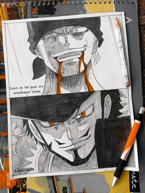 Mihawk One Piece Sketch, Zoro And Mihawk Art, Zoro Sketch Art, Zoro One Piece Drawing, Zoro Sketch, Mihawk X Zoro, Zoro Drawing, Zoro Mihawk, Eyes Horror