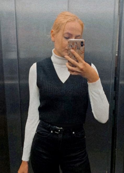 V Neck Sweater With Turtle Neck, Knit Vest And Turtleneck Outfit, Black Turtleneck Outfit Office, Black Knit Vest Outfits For Women, Turtle Neck With Vest Outfit, Turtle Neck And Sweater Vest, Vest Over Turtleneck Outfit, White Blouse Winter Outfit, Sweater Vest With Turtle Neck Underneath