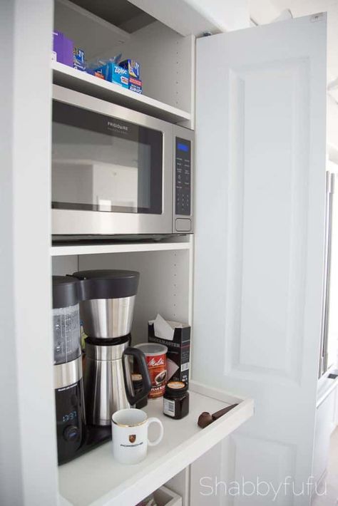 Hide Coffee Maker, Coffee And Microwave Station, Coffee Maker In Kitchen, Coffee Bar With Microwave, Bar With Microwave, Microwave Station, Hidden Coffee Station, Coffee Bar Built In, Clean A Coffee Maker