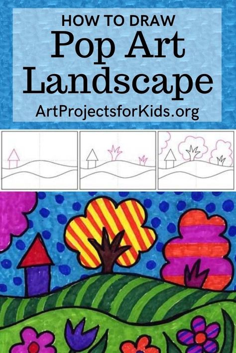 Learn how to draw a Pop Art Landscape with an easy step-by-step PDF tutorial. #howtodraw #tutorial #drawing #drawingtutorial #arttutorial #artprojectsforkids #howtodrawforkids #popart Landscape For Kids, Pop Art Lesson, Pop Art Landscape, Landscape Art Lessons, Pop Art For Kids, Kindergarten Art Projects, Drawing Lessons For Kids, Art Projects For Kids, Easy Art Projects