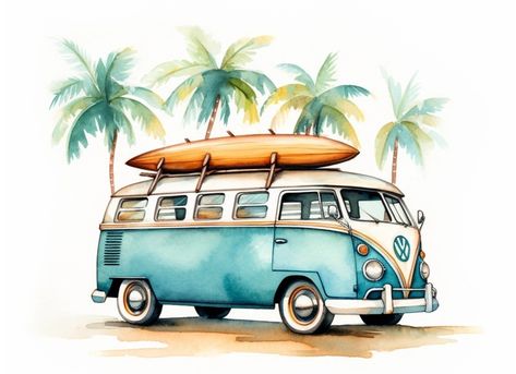 Van Drawing, Chic Artwork, Surf Van, Bus Art, Combi Vw, Vintage Inspired Decor, Vintage Surf, Vw Bus, Unique Wall Art