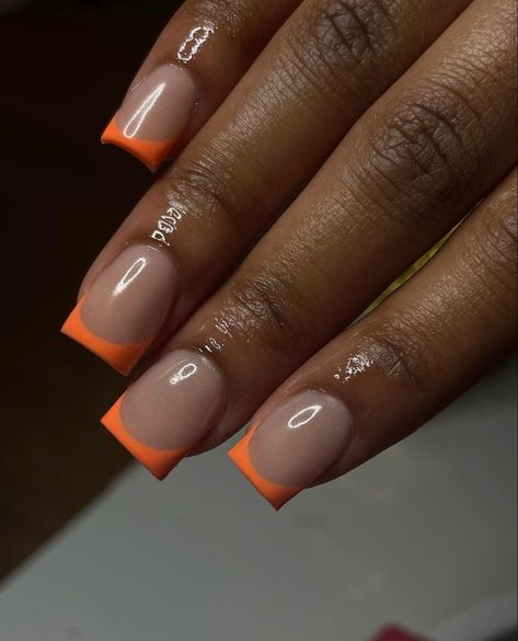 Short Square Orange French Tips, Long Extendo Nails, Short Orange French Tip, Orange Tips Acrylic Nails, Short Orange French Tip Nails, Acrylic Nails Medium Square, Orange French Tip Nails Acrylics, Orange Nails French Tip, Medium Square Acrylic Nails Simple