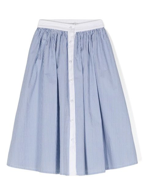 white blue cotton poplin texture vertical stripe pattern embroidered logo two side inset pockets A-line skirt flared design front button fastening Striped Skirt, Striped Midi Skirt, Dress With Jean Jacket, Baby Boy Accessories, Dolce And Gabbana Kids, Fashion Illustration Dresses, Stripe Skirt, Casual Skirts, Stella Mccartney Kids