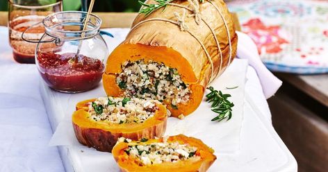 Stuffed Butternut Pumpkin, Turducken Recipe, Vegetarian Thanksgiving Main Dish, Thanksgiving Main Dish, Vegetarian Stuffing, Stuffed Butternut, Thanksgiving Mains, Aldi Recipes, Pumpkin Dishes