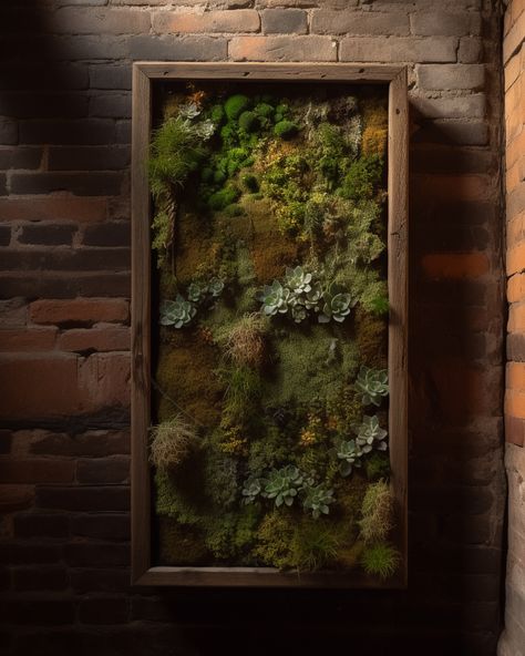 Moss wall in giant frame against brick wall, textured moss and succulents, boho decor ideas, green decor, decor ideas Moss Gardens, Boho Decor Ideas, Wall Green, Wall Inspiration, Moss Wall Art, Moss Garden, Succulent Wall, Bathroom Plants, Indoor Herb Garden