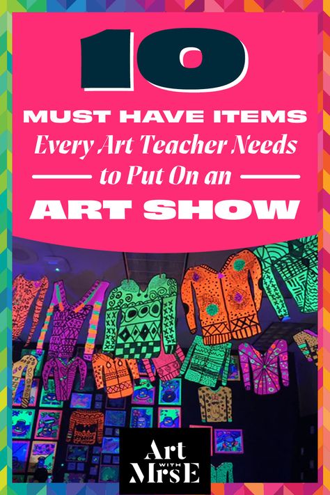 Black light image of student artwork hanging and on display. Interactive Art Show Ideas, Primary School Art Ideas Teaching, Art Show Activities, High School Art Show Ideas, Kids Art Show Display Ideas, Art Show Ideas For Kids, Art Show Elementary, Art Show Decor, School Art Show Ideas