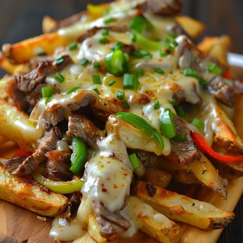 🍟✨ Indulge in Philly Steak Cheese Fries for a savory treat! 🧀 #CheesyFries #PhillySteakLovers PHILLY STEAK CHEESE FRIES Ingredients: Frozen French fries (1 bag) Thinly sliced steak (1 lb) Green bell pepper (1, sliced) Onion (1, sliced) Provolone cheese (8 slices) Olive oil (2 tbsp) Salt (1/2 tsp) Pepper (1/2 tsp) Instructions: Bake French fries according to package instructions. In a skillet, heat olive oil and sauté bell pepper and onion until soft. Add steak slices, season with salt and... Steak Salad With Fries, Cheesy Steak Fries, Steak Loaded Fries, Philly Cheese Steak Fries, Steak Peppers, Mexican Food Dishes, Philly Steak, Sliced Onion, Frozen French Fries