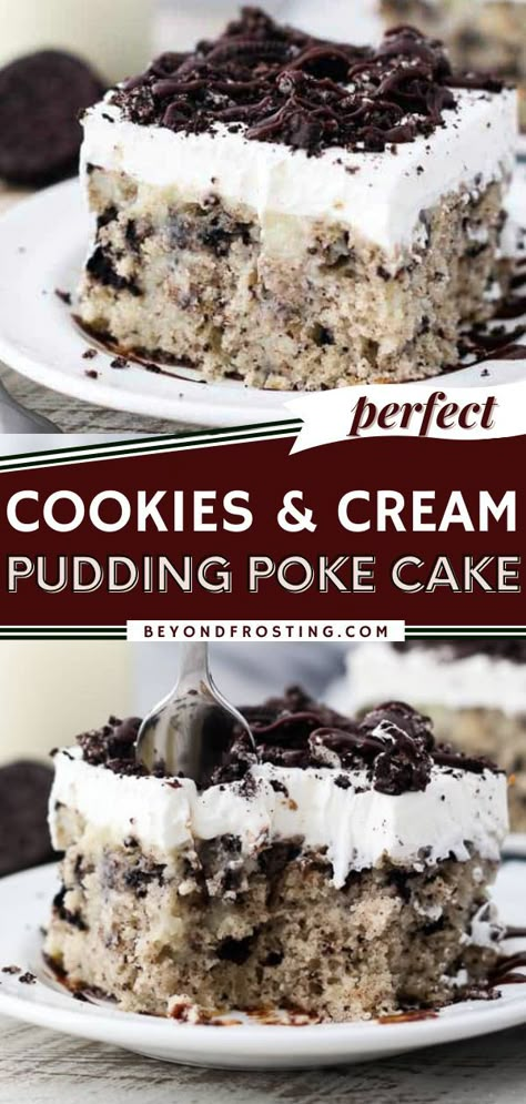 COOKIES AND CREAM PUDDING POKE CAKE, oreo desserts, sweet treats Simple Cookies And Cream Cake, Oreo Pudding Poke Cake Recipe, Cookies And Cream Dump Cake, Cookies And Cream Pie No Bake, Rolo Poke Cake, Poke Cake With White Cake, Poke Cake Recipes White Cake, Dessert Ideas Birthday, Homemade Birthday Desserts