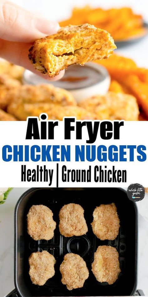 Easy homemade ground chicken nuggets that are healthy, extra crispy, and great for a healthy dinner or snack! Great in an air fryer oven too. Air Fryer Ground Chicken, Ground Chicken Nuggets Recipe, Ground Chicken Nuggets, Homemade Ground Chicken, Chicken Nuggets Air Fryer, Nuggets Air Fryer, Air Fried Chicken Nuggets, Air Fryer Chicken Nuggets, Whole Lotta Yum