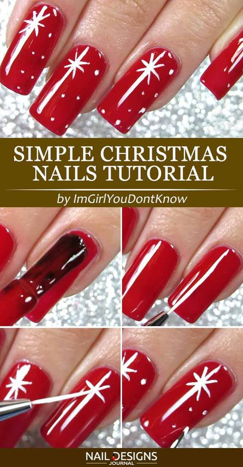 Simple Christmas Nails Tutorial ❤30 Charming Christmas Nail Art Ideas You’ll Adore ❤ See more ideas on our blog!! #naildesignsjournal #nails #nailart #naildesigns #winternails #сhristmasnails #nailtutorials Christmas Nail Art Easy Step By Step, Christmas Star Nail Art, Easy Snowflake Nail Art, How To Paint Snowflakes On Nails, How To Make Snowflakes On Nails, Easy Christmas Nail Art, Simple Snowflake Nails, Christmas Snowflakes Nails, Snowflake Nail Design