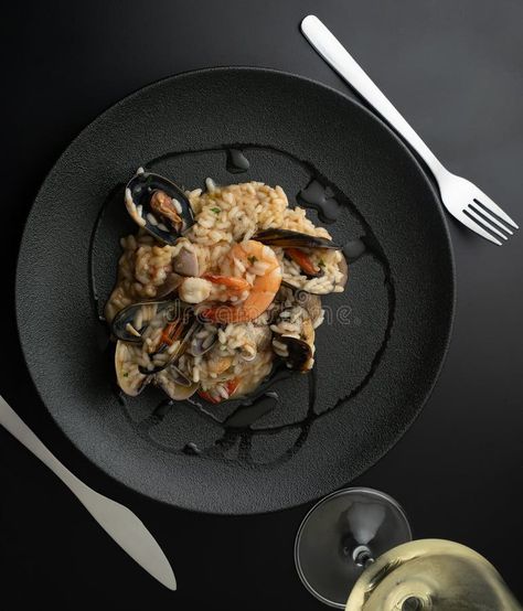 Seafood Risotto with White Wine stock photography Wine Advertisement, Seafood Risotto, Black Table, White Wine, Risotto, Seafood, Stock Photography, Wine, Photography