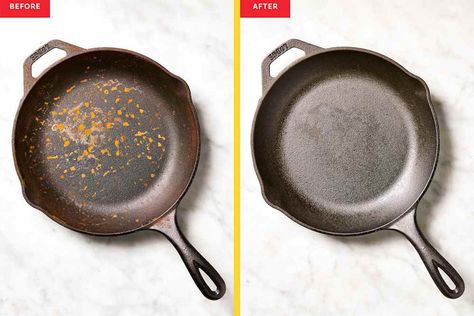 cast-iron skillet before and after rust-cleaning Rusty Cast Iron Skillet, Cleaning Cast Iron Pans, Cast Iron Cleaning, How To Clean Rust, Waffle Cookies, Lunch Appetizers, Rice Ingredients, Iron Skillets, Food History