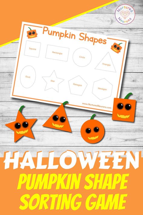 A fun pumpkin shape sorting game - perfect for toddler or preschool Halloween activity. There's 8 of the most popular shapes included. It will help improve their shape recognition and fine motor skills. Grab it at Nurtured Neurons! #PreschoolHalloween #HalloweenActivities #PreschoolShapes #ToddlerLearning Pumpkin Lesson Plans For Toddlers, October Preschool Themes, Pumpkin Activities Kindergarten, Preschool Pumpkins, Shape Sorting Activities, Halloween Classroom Activities, Halloween Activities Preschool, Halloween Math Activities, Shape Activities