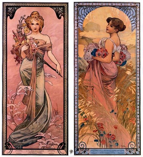 The seasons (Spring, Summer), 1898 by Alphonse Mucha. Art Nouveau (Modern). allegorical painting Art Nouveau Modern, Alfons Maria Mucha, Art Nouveau Mucha, Illustration Art Nouveau, Alphonse Mucha Art, Nouveau Illustration, Istoria Artei, Mucha Art, Alfons Mucha