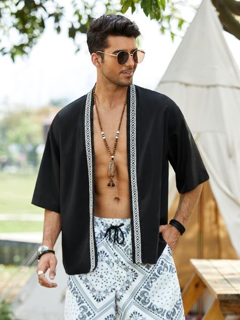 Electro Festival Outfit, Mens Kimono Shirt, Bohemian Outfit Men, Boho Clothing Men, Edm Rave Outfits, Coachella Outfit Men, Boho Men Style, Rave Outfits Men, Festival Outfits Men