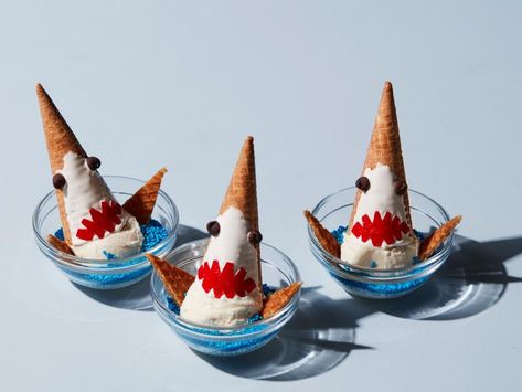 Shark Bite Ice Cream Sundaes Recipe | Food Network Kitchen | Food Network Shark Themed Desserts, Shark Treats, Shark Week Recipes, Shark Food, Ice Cream Sundae Recipe, Shark Snacks, Halloween Eats, Shark Stuff, Shark Week Party