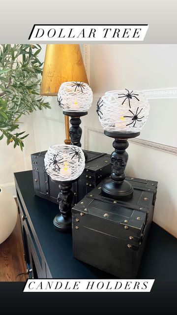 Dollar Tree Spider Candle Holder, Paint Candle Holders, Spray Paint Candle Holders, Yarn Candle, Homemade Candle Holders, Halloween Candles Diy, Dollar Tree Candle Holders, Painted Glass Candle Holders, Dollar Tree Halloween Decor