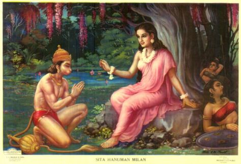 Hanuman meets Sita in the Ashoka grove in Lanka, the demon city. From the Ramayana. Ashok Vatika, Sita Hanuman, Rama Photos, Hindu Cosmos, Hanuman Hd, Hanuman Wallpapers, Sri Rama, Shri Hanuman, Indian Art Gallery