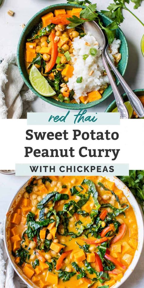 Coconut Dinner, Curry With Sweet Potatoes, Thai Peanut Curry, Coconut Chickpea, Coconut Broth, Fit Mitten Kitchen, Peanut Curry, Chickpea Coconut Curry, Red Thai