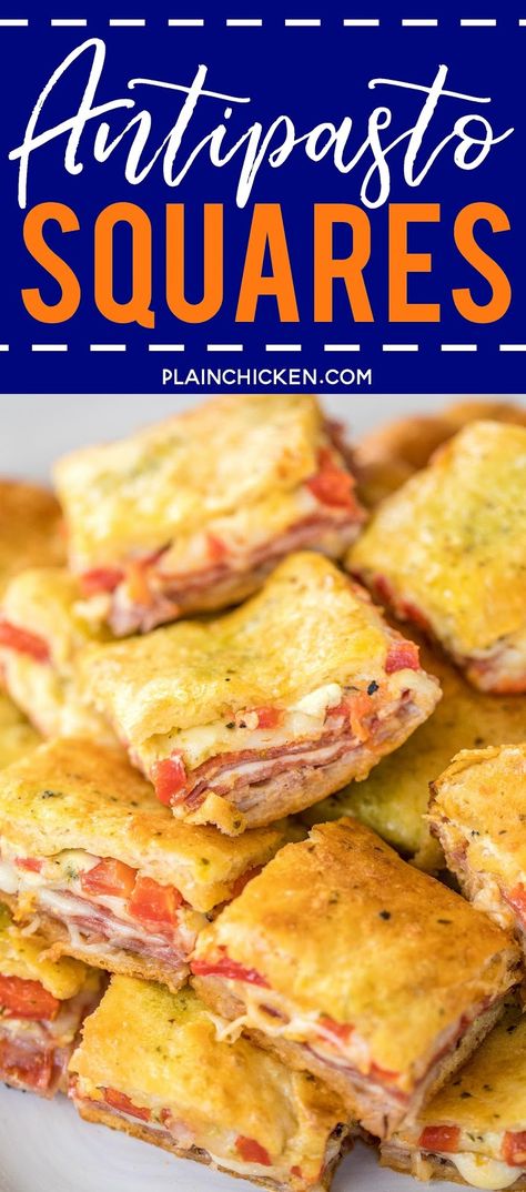 Antipasto Squares recipe - SO GOOD!! Crescent rolls stuffed with ham, salami, pepperoni, provolone, swiss, and roasted red peppers. then topped with a parmesan cheese, egg and pesto mixture and baked. These things are ridiculously good!!! There are never any leftovers when I take these to party! #appetizer #partyfood #crescentrolls Antipasto Squares, Football Friday, Square Recipes, Crescent Roll Recipes, Football Food, Provolone, Crescent Rolls, Best Appetizers, Roasted Red Peppers