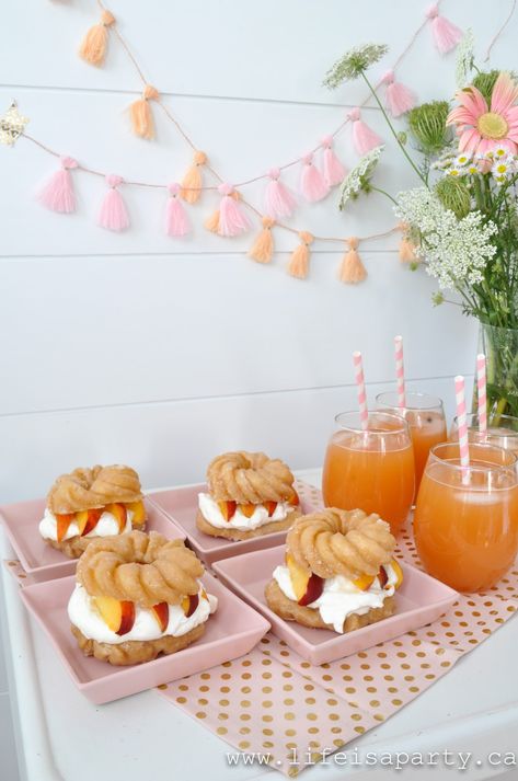 Peach Party: easy DIY peach themed party decor made with the Cricut Joy, delicous peach dessert and peach drink recipes included. Peach Candy Bar, Peaches Bachelorette Party, Peach Themed Bachelorette Party, Peach Bridal Shower Ideas, Peach Drink Recipes, Peach Bachelorette Party, Peach Theme Party, Savannah Bachelorette, Peach Shortcake