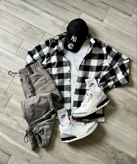 Hip Hop Outfit Ideas Men, Streetwear Men Outfits Casual, Winter Drip, Jordan 3 White Cement, Male Aesthetic, Guys Fashion Casual, Drip Outfit Men, Hype Clothing, Flannel Outfits