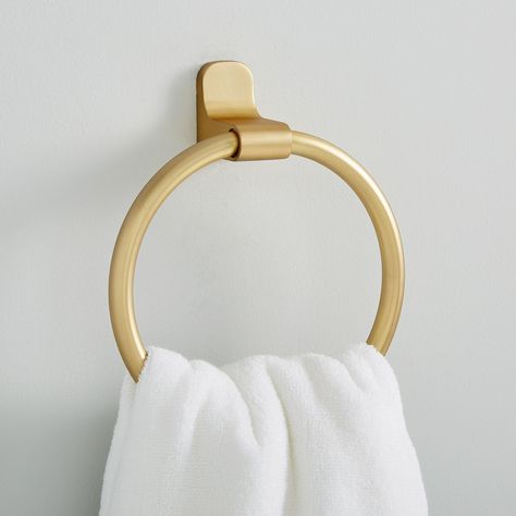 Mid-Century Contour Bathroom Hardware - Antique Brass | West Elm Bathroom Hardware Placement, Brass Towel Ring, Brushed Brass Bathroom, Bathroom Towel Ring, Modern Table Decor, Hand Towel Ring, Mid Century Bathroom, Modern Shower Curtains, Hand Towels Bathroom