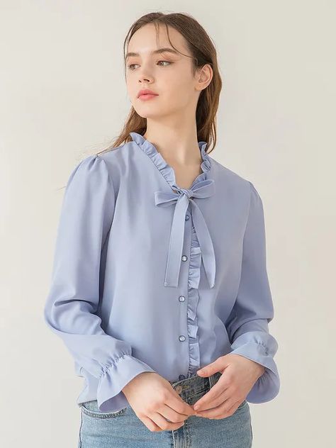 V-Neck Frill Ribbon Blouse_Sky | W Concept Thrift Flips, Neck Ribbon, Feminine Blouses, Tie Neck Blouse, V Neckline, Classy Outfits, No Frills, Fabric Color, Work Outfit