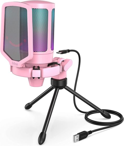 Fifine USB Gaming Microphone for PC PS4 PS5, Streaming RGB Computer Condenser Cardioid Mic with Mute Button, Volume Gain, Ideal for, YouTube, Video Podcasts-Pink A6P Podcast 101, Kuromi Room, Mute Button, Gaming Desk Setup, Gaming Microphone, Pink Goth, Game Streaming, Computer Setup, Personal Computer