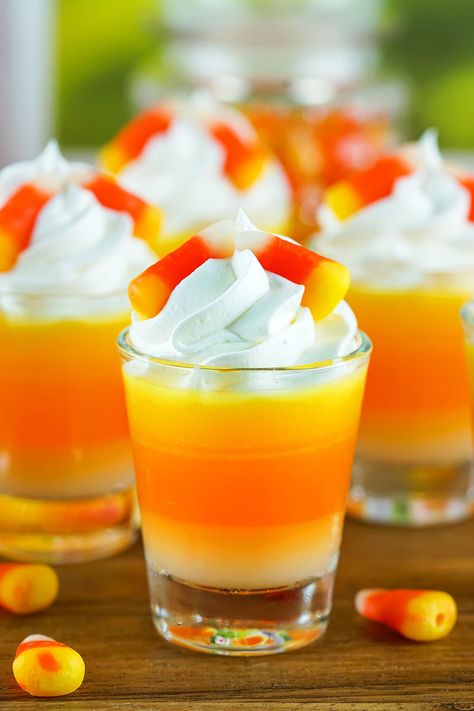 candy corn jello shots hero image Jello Shots Halloween, Candy Corn Jello, Candy Corn Jello Shots, Halloween Jello Shots, Perfect Halloween Party, Princess Pinky Girl, Pinky Girl, Jello Shot Recipes, Cream Candy