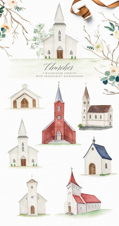 Landscape-Watercolor House Clipart by Graphic Box on @creativemarket Church Watercolor Painting, Old Church Paintings, Church Watercolor, Wedding Watercolor Painting, Watercolor Bible, Painted Wedding Invitation, Flower Elements, House Clipart, Making Stickers