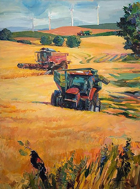 Plenty for All 🌾 Painting of the Week See this painting at the Red Door Gallery in Wahpeton, ND 🚜 #acrylic #farming #rollag #steamthreshers #wheat Agriculture Pictures, Tractor Art, All Painting, Field Paint, Farm Paintings, Farm Art, Field Of Dreams, American Painting, Farm Scene