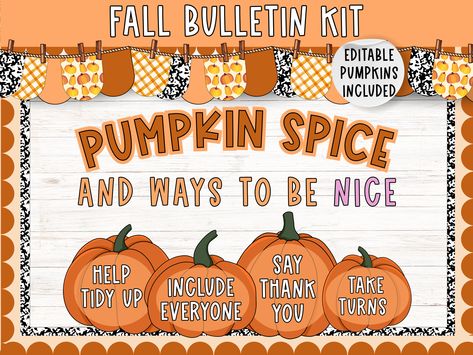 💻 THIS IS A DIGITAL DOWNLOAD 💻  ❤️ Please follow steps in last photo to download your items. I am unable to email copies to individual emails ♥️  🍁 Fall Bulletin Board Kit: Pumpkin Spice & Ways to Be Nice 🍁 Transform your classroom this fall with our vibrant and engaging bulletin board kit! Perfect for creating a warm, welcoming atmosphere while promoting kindness and positive behavior. Key Features: 🎃 Editable Pumpkins: Customize each pumpkin with your own text to fit your classroom needs. Fall School Counselor Bulletin Board, Fall Ela Bulletin Board, Pumpkin Bulletin Boards For Elementary, Fall Pto Bulletin Board Ideas, Positive School Bulletin Boards, Fall Middle School Bulletin Board Ideas, Pumpkin Spice Bulletin Board, Fall Kindness Bulletin Board, Caring Bulletin Board Ideas