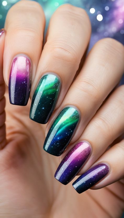 "Embark on a cosmic journey with galaxy-inspired nail art. Think swirling nebulae, shimmering stars, and dreamy hues of deep blues, purples, and silvers. Each nail becomes its own universe, with sparkles resembling distant constellations and gradient blends evoking the vastness of space. Perfect for those who love to keep their style celestial and out-of-this-world." Northern Lights Inspired Nails, The Dye Nails, Space Nails Galaxy, Oil Slick Nails, Northern Lights Nails, Easy Halloween Nails, Halloween Nails Designs, Alien Nails, Easy Halloween Nails Design