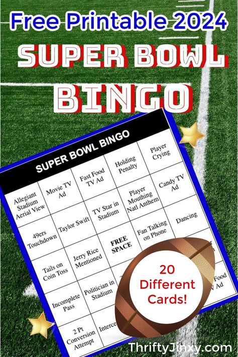 Make your Super Bowl Party more exciting with these free printable 2024 Super Bowl Bingo Cards featuring game plays, commercials and the Chiefs and the 49ers! Super Bowl Printables, Super Bowl Bingo Cards, Super Bowl Bingo, Soda Ads, Superbowl Party Games, Superbowl Game, Basket Centerpieces, Bowl Party Food, Super Bowl Commercials