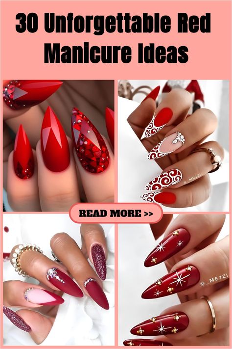 Red has been associated with glamour, charm, and beauty for centuries. It’s the color of love and passion. It’s safe to say… Luxury Nails Classy Red, Red Nail Designs With Diamonds, Bright Red Acrylic Nails Designs, Glam Red Nails, Formal Red Nails, Red Pattern Nails, Red Nails With Design Ideas, Red Gel Nails Designs, Red Stiletto Nails Designs