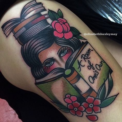 Traditional Tattoo Girls, Reading Tattoo, Traditional Tattoo Inspiration, Bookish Tattoos, Traditional Style Tattoo, Neck Tattoos Women, Tattoo Traditional, Traditional Tattoo Design, Pin Up Tattoos