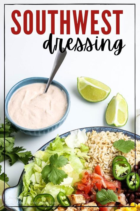 Homemade Southwest Dressing is packed with flavor from the lime and spices like cumin, chili powder, and taco sauce. I'll share how to make this easy recipe healthier by using Greek yogurt. Make it spicier by adding hot sauce. You can use this creamy southwest sauce on everything from burrito bowls and salads to burgers, chicken and fries. Healthy Sauce For Chicken, Greek Yogurt Salad Dressing, Southwest Dressing, Fajita Sauce, Chicken And Fries, Southwest Sauce, Taco Salad Dressing, Healthy Dressing Recipes, Healthy Burrito Bowl