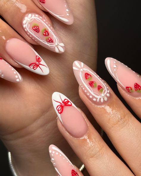 in lovee🥹🍓 . . . #nailart #nails #nailsofinstagram #nailaddict #naildesigns #naillove #strawberry #strawberrynails #whitenails #rednails Strawberry Nail, Strawberry Nails, Berry Nails, Girly Acrylic, Nail Board, Strawberry Charm, Girly Acrylic Nails, Dream Nails, Nail Inspiration