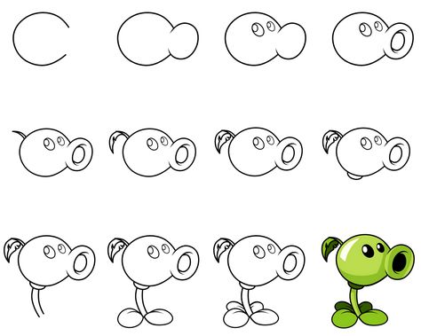 How To Draw Plants vs Zombies Peashooter 1 How To Draw Cartoon Characters Step By, Plant Vs Zombies Characters, Plants Vs Zombies Characters, Plants Vs Zombies Drawing, Draw Plants, Lol Coloring Pages, Zombie Drawings, Lol Coloring, Plantas Vs Zombies