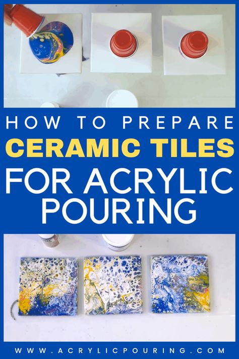 Learning how to prepare ceramic tiles for your acrylic pouring session really helps you work a lot better and cleaner. Check out some tips for preparing ceramic tiles. #acrylicpouring #ceramictiles #acrylicpreparation #pouringguide #fluidart via @acrylicpouring Paint Poring, Painting On Ceramic Tiles, Epoxy Over Acrylic Pour, Paint Pour Ceramic Tiles, Acrylic Pour, Acrylic Paint Pouring On Ceramic Tiles, How To Seal Alcohol Ink On Tile, Tile Art Projects, How To Mix Acrylic Paint For Pouring