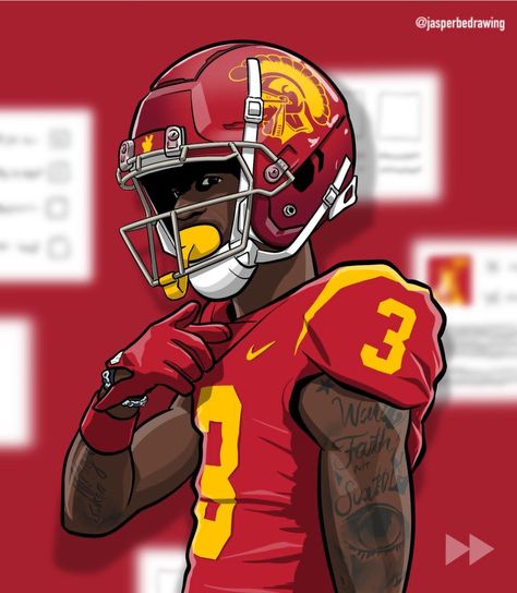 Nfl Drawings, College Football Art, Football Cartoon, Fire Pics, Demon Time, Sports Artwork, Usc Trojans Football, Sports Illustration, Trojans Football