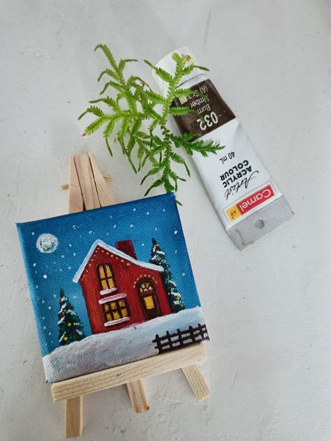 ��🍄discription🍄 This is an original painting and completely handmade artwork. 🔸size:3x3 inch 🔸theme: winter home christmas art. 🔸materials:acrylic on canvas painting 🔸it is available in minicanvas board with free easel. ️more to your collections  Click here to view all my other paintings 🖼️about painting🤔 This is a painting made in acrylic on mini canvas for decor or gifting someone. This is an entirely handmade painting.this painting available with easel stand.hurry up and make it yours. Art Mini Toile, Hall Painting, Mini Toile, Christmas Paintings On Canvas, Cubism Art, Cute Paintings, Card Drawing, Christmas Canvas, Home Christmas