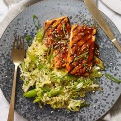 Grilled Tofu with Korean BBQ Glaze & Stir-Fried Napa Cabbage - EatingWell.com Stir Fry Napa Cabbage, 400 Calorie Dinner, Napa Cabbage Recipes, Vegetarian Grilling Recipes, Herb Roasted Turkey, Vegetarian Grilling, Grilled Tofu, Marinated Tofu, Napa Cabbage