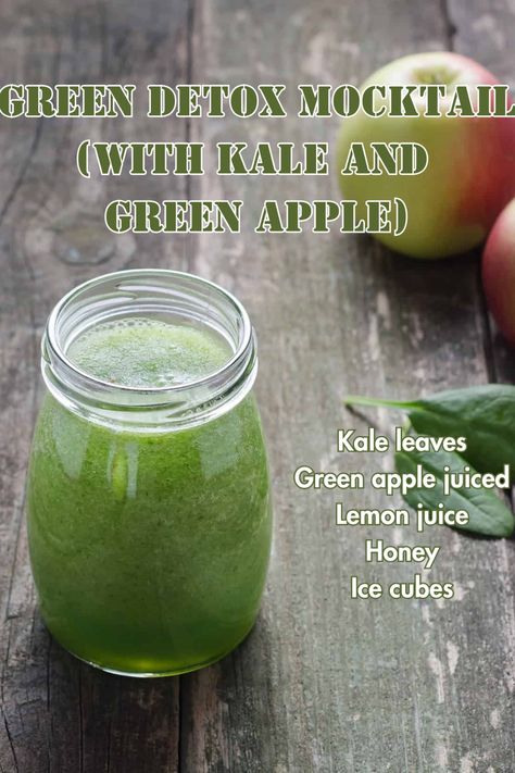 A nutritious Green Detox Mocktail made with kale and green apple, offering a refreshing and healthy drink option. Detox Mocktail, Recipe With Kale, Healthy Mocktail, Wellness Shots, Kale Leaves, Kale Recipes, Nourish Your Body, Mocktail Recipe, Apple Juice