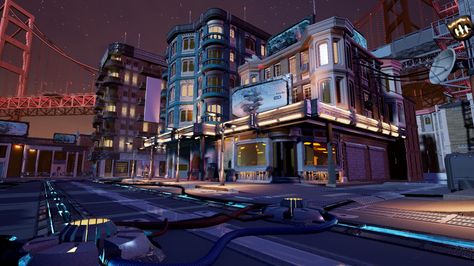 Sci Fi Mansion, Sci Fi Street, Apartment Outside, Cyberpunk Building, 3d Environment Art, Graffiti Aesthetic, Streetwear Graffiti, Colorful Streetwear, City Of Mist