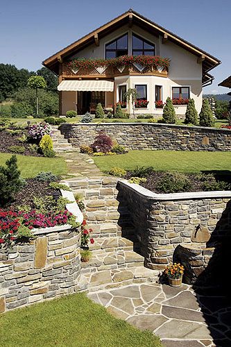 Sloped Backyard Landscaping, Sloped Backyard, Landscaping Retaining Walls, Front Yard Landscaping Simple, Countryside House, Beautiful House Plans, Front House Landscaping, Stone Walls, House Outside Design